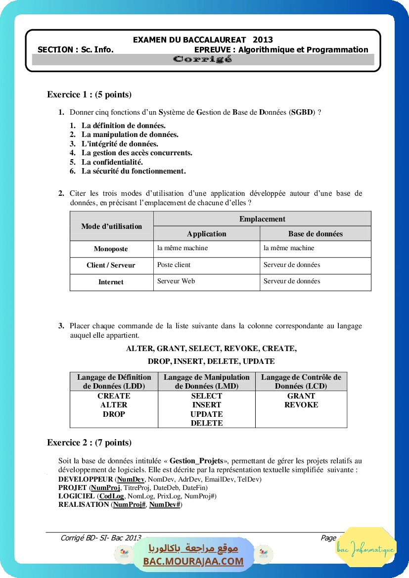 Corrigé principale bd Bac 2013 – Section info